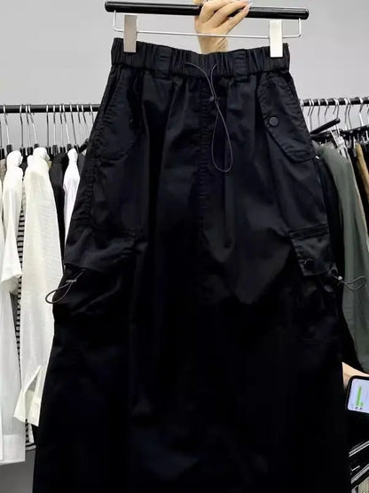 Vintage Skirts for Women American Fashion High Waist Back Slit Cargo Skirt Streetwear All-match Pockets Trendy Harajuku Chic New