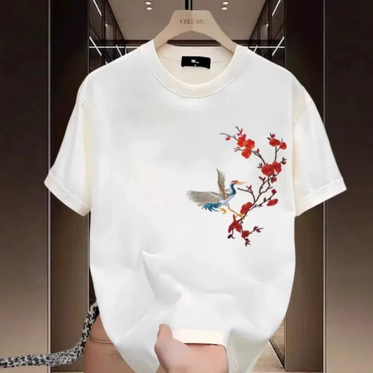 Men's Cotton T-shirts White 5XL T Shirt for Men Casual Summer Wear Red-crowned Crane Print Tee Shirts Black Men Clothing