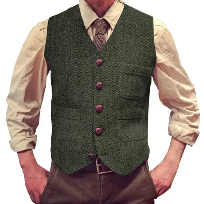 Herringbone Men Vest Dark Green Tweed Slim Casual Business Waistcoat For Wedding Party Banquet Work Prom Set Men Suit