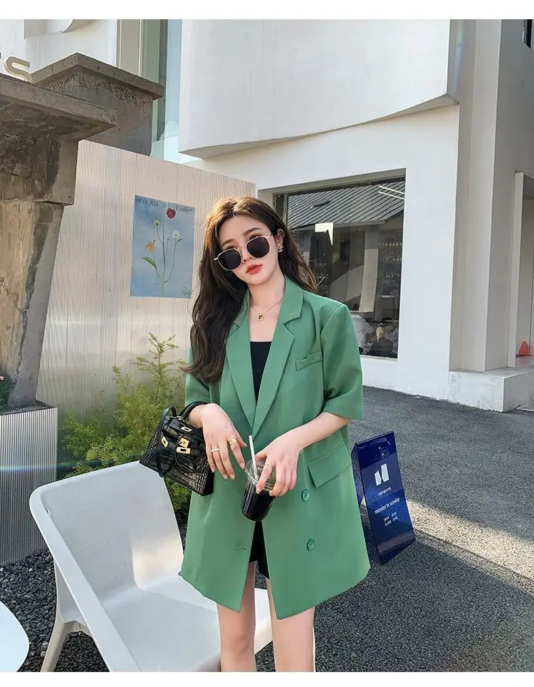 Korean Fashion Loose Thin Blazer Women Spring Autumn New Extra Large Mid Length Short Sleeved Women Coat Casual Outwear