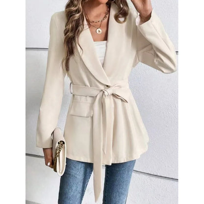 Fashionable Pure Color Long Sleeve Suit Jacket with Belt Waist Cinching Versatile Outerwear for Women Elegant Commute Style