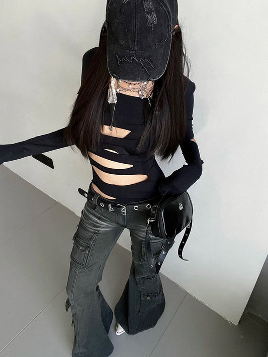 Acubi Fashion Black Flare Jeans Retro Whiskers Skinny Stretch Low Rise Pockets Cargo Pants Women Grunge Alt Streetwear