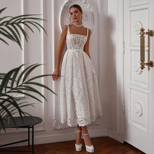 Short Lace Wedding Dresses Customized New Arrival Sleeveless Square Neck Backless Corset Bridal Gown Robe De Mariee Bride Dress
