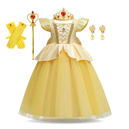 Kids Cosplay Disney Beauty and The Beast Belle Princess Dress Girls Party Costume Children Fancy Birthday Party Flower Disguise