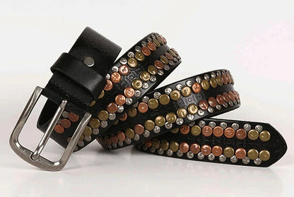 3.8CM  Hip Hop Punk Style Men Belt Round Rivet Real Genuine Cowskin Leather Strap Male Cowboy Studded Belts Rock Waistband