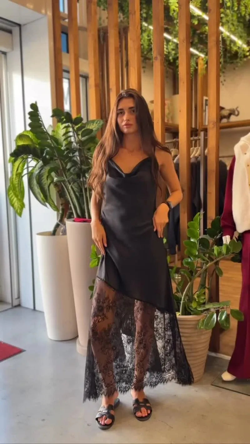 Trendix Hollow Out Lace Dress Women 2025 Winter Sexy V Neck Sleeveless Spaghetti Strap Dresses Party Club Elegant Evening Dress