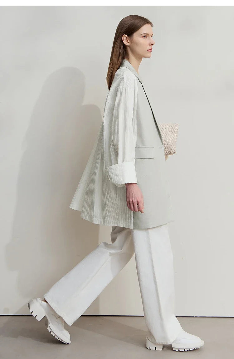 Minimalist Women's Fashion Casual Jacket 2025 Autumn Lyocell Linen Collision Splicing Crumple Texture Loose Blazer 12551008