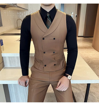( Vest + Pants) Men's Double-breasted Suit Vest 2 Pieces Set High Quality Business Casual Fashion Groom Wedding Dress Vest Sets