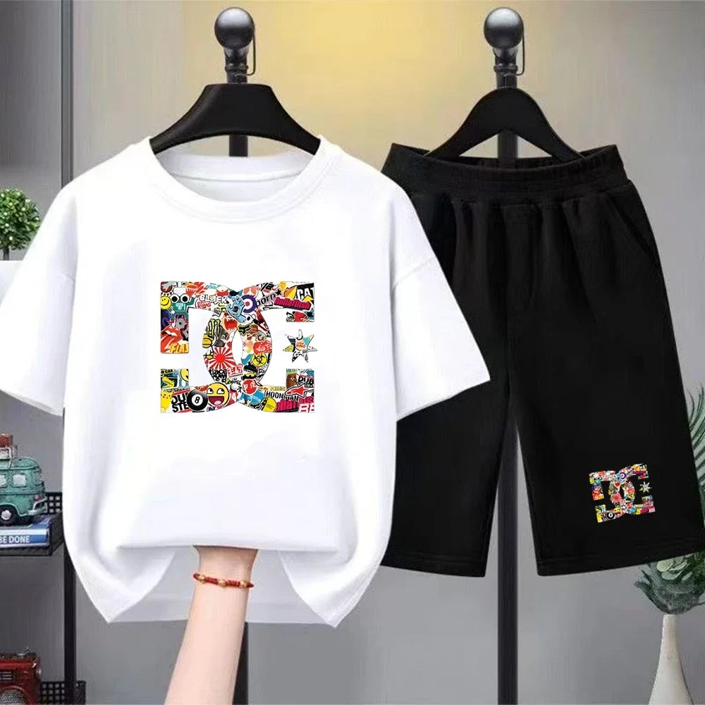 Kids Summer T-Shirt Sets Girls White Boy Black Red Casual T-Shirt+Shorts Printed Kids Outfits Teen Children's Loose Short Sleeve