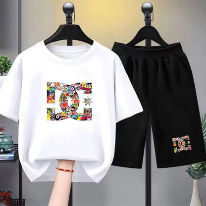 Kids Summer T-Shirt Sets Girls White Boy Black Red Casual T-Shirt+Shorts Printed Kids Outfits Teen Children's Loose Short Sleeve