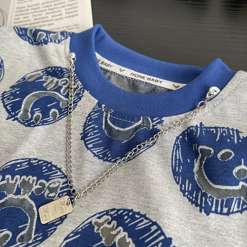 New Toddler Summer Baby Boys Clothes Children Circular Smiley Face T-Shirt +Denim Shorts 2Pcs/Set Infant Kids Fashion Tracksuits