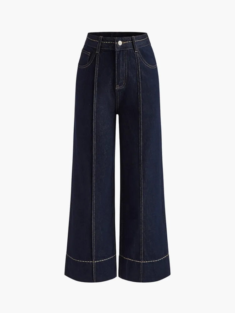2026 Summer Women's Trendy Wide Leg Jeans Dark Blue High Waist Center Pleated Denim Pants with Contrast Stitching