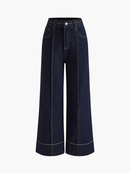 2026 Summer Women's Trendy Wide Leg Jeans Dark Blue High Waist Center Pleated Denim Pants with Contrast Stitching