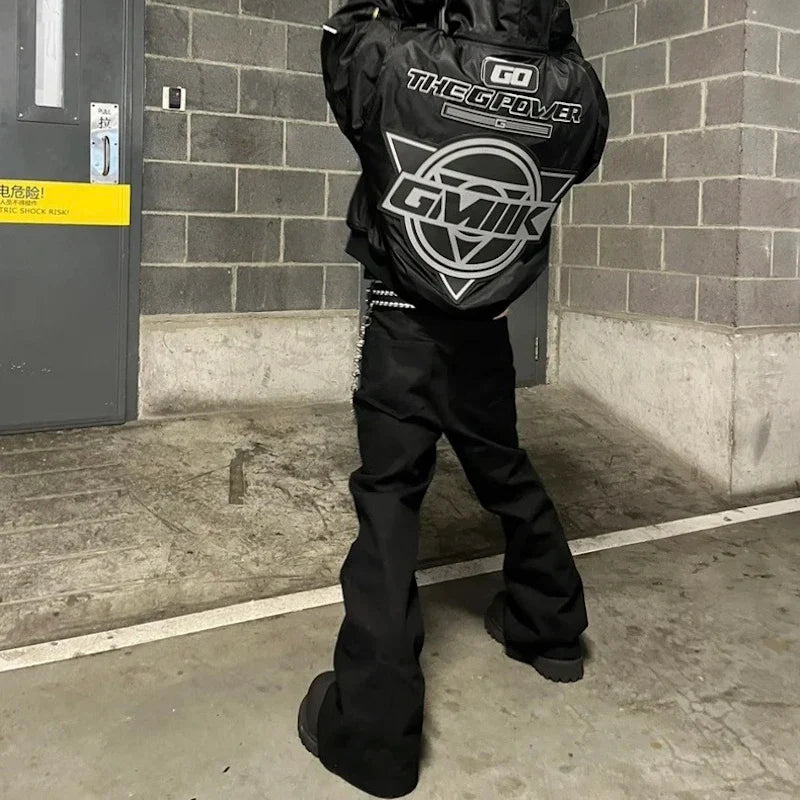 Style Ribbons slightly Stretch Baggy Flared Jeans for Men High Street Black Color Boom Cut Oversized Casual Denim Trousers
