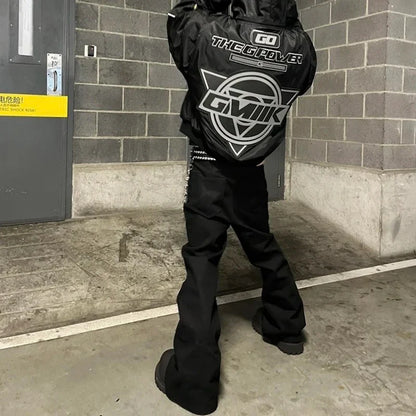 Style Ribbons slightly Stretch Baggy Flared Jeans for Men High Street Black Color Boom Cut Oversized Casual Denim Trousers