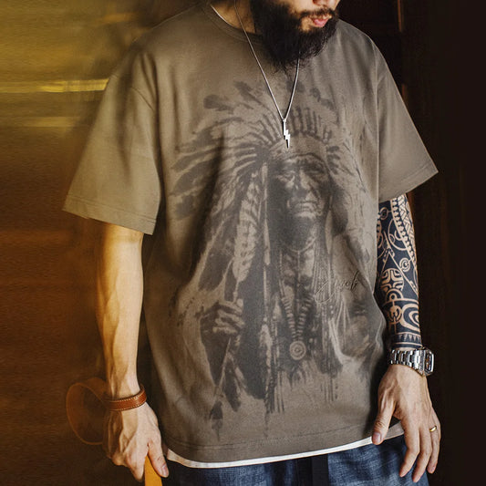 Vintage Navajo Print Short Sleeve T-Shirt Men's Summer Heavyweight Cotton Tee Letter Embroidered Loose Fit Crew Neck Tops