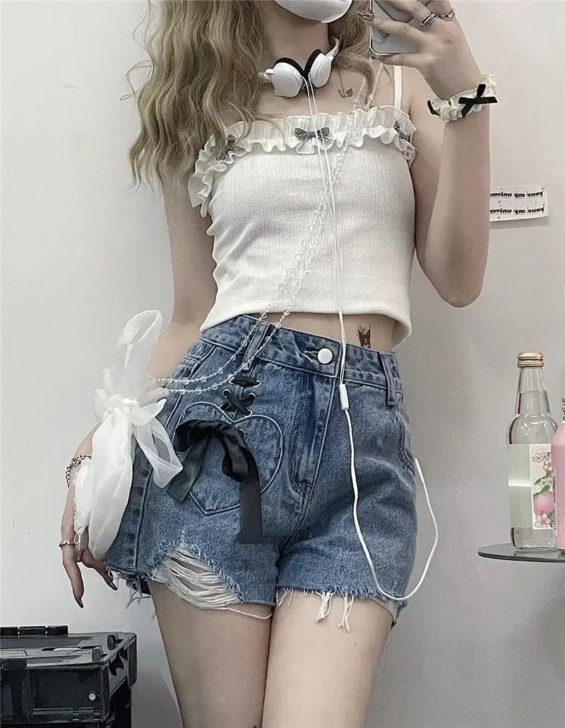 Classic Bow High Waist Short Jean Pants Woman New In Casual Jorts Hot Stretchy To Wear Harajuku Fashion Denim Shorts for Women