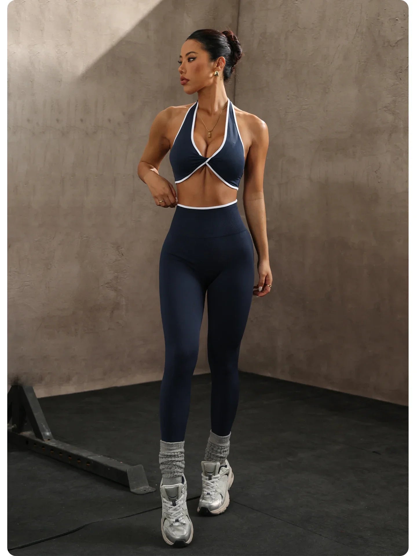 ZHEJIN 2 Piece Yoga Set Women Contrast Trim Halter Sports Bra High Waist Seamless Leggings Gym Workout Set Fitness Activewear Su