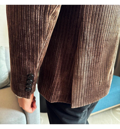 Autumn Winter New Men Corduroy Suit Jackets Double-Breasted Striped Slim Fit Casual Coats High Quality Formal Business Tailcoat