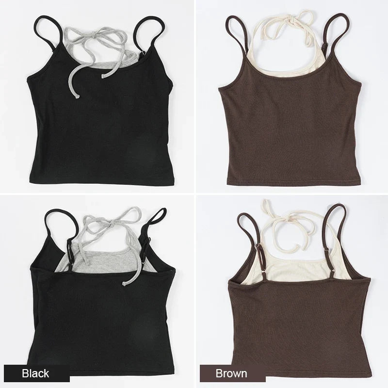 Summer Fashion Women's Splicing Halter Top Sexy Bandage Sleeveless Tank Tops Girls Knitted Camisoles Ropa De Mujer