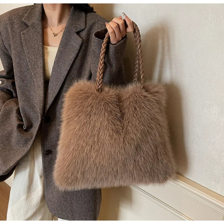 Fashion Women Furry Shoulder Bag Large Capacity Tote Handle Bag for Autumn Winter Outing Commuter Texture Versatile Storage Bags