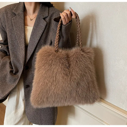 Fashion Women Furry Shoulder Bag Large Capacity Tote Handle Bag for Autumn Winter Outing Commuter Texture Versatile Storage Bags