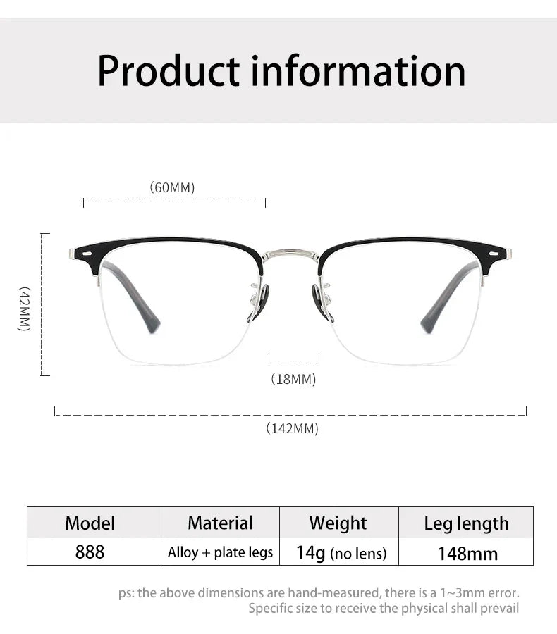 Classic Business Half Rim Eyeglasses Black Reading Glasses Men 888 Retro Anti-Blue Light Frames Customizable prescriptions