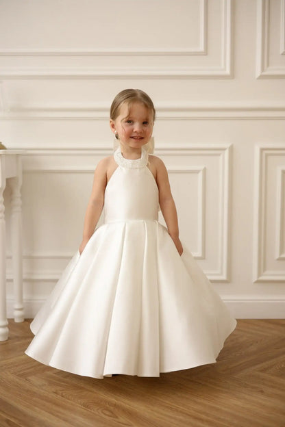 Satin Flower Girl Dress Mini Bridal Wedding Dress Kids Ball Gown 1st Communion Frock Pageant Gown Vestidos De Noiva Customized