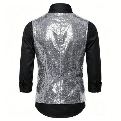 Shiny Sequin Men's V Neck Vest Single Breasted Suit Gilet Waistcoat for Wedding Prom Party Club Nightclub DJ Stage Performance