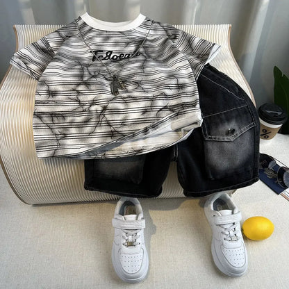 Korean Children's Summer Clothes Kids Set Outfits Boys 2026 Handsome Sleeveless&Short Sleeved T-shirt Denim Shorts 2-piece Set