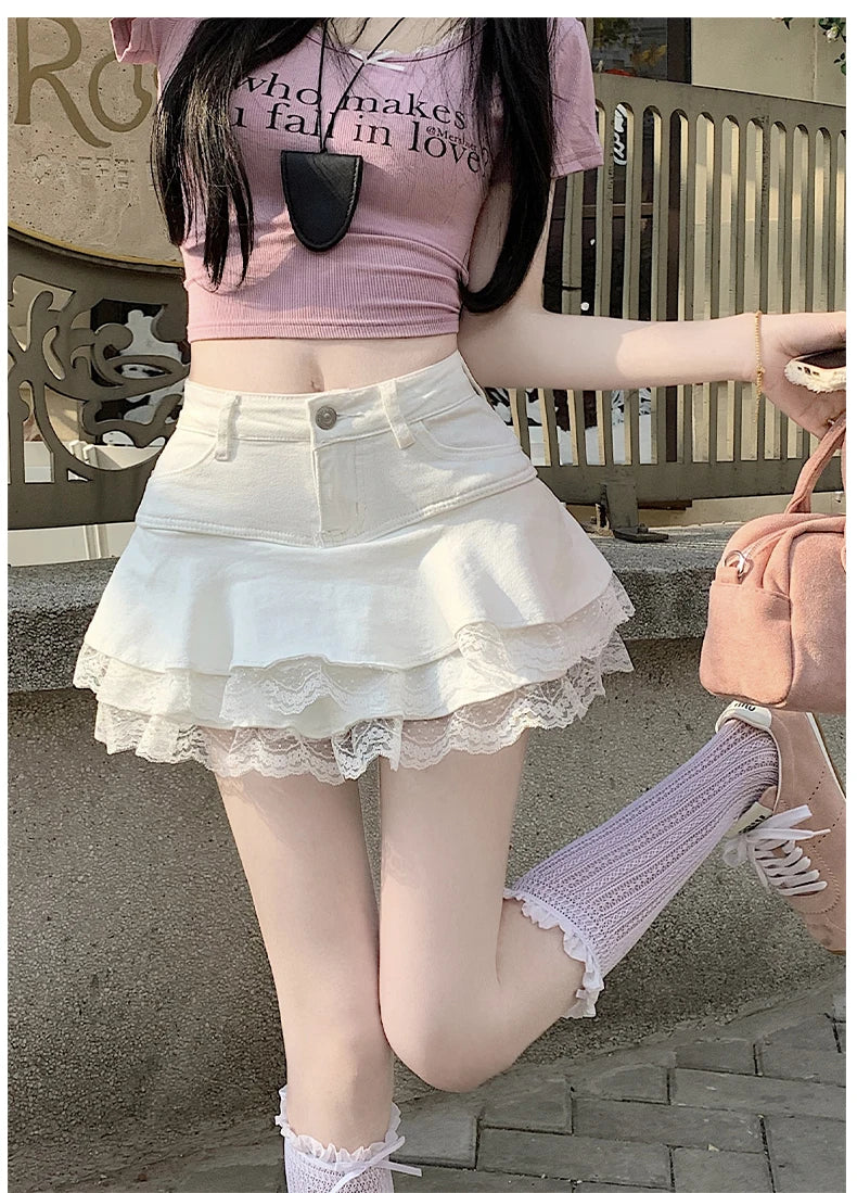 2025 Summer Mini Y2K Denim Skirt Women Fashion Streetwear Ruffles Kawaii Lace Skirts Shorts Preppy School Pleated Jeans Skirt