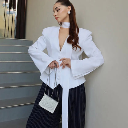 Single Breasted Coat Women's V Neck Scarf With Long Sleeve Waist-Cinching Blazer Jacket Lady Casual Slim Commute Coat