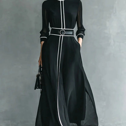 French Elegant Chiffon Maxi Dress, High Neck Long Sleeve with White Piping Trim, Ideal for Office, Business, Banquets & Parties
