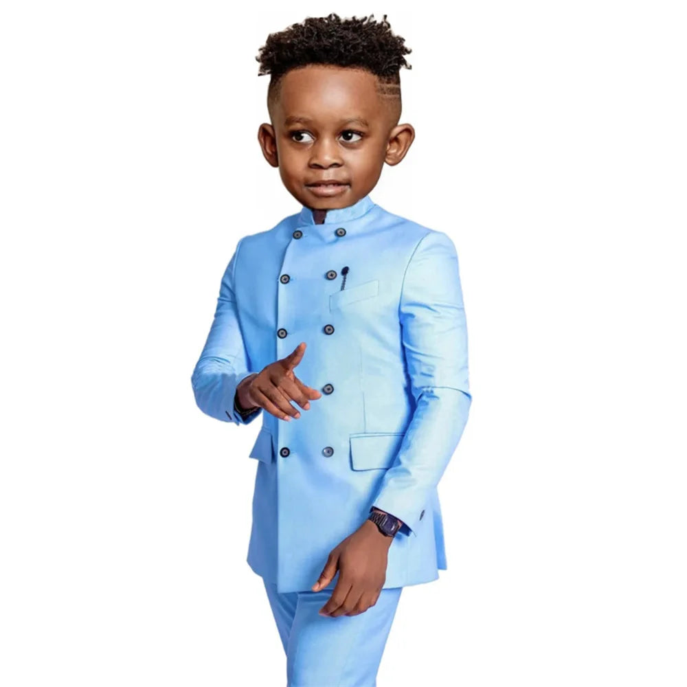 Stylish Elegant Boys Stand-up Collar Suits 2 Pieces Jacket Pants Formal Party Wear Double Breasted Kids Suit Set 2-20T