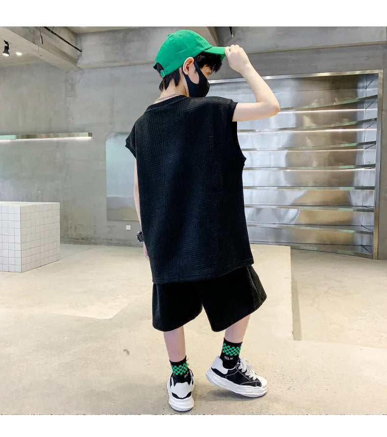Summer Boys Waffle Alphabet Sleeveless t-Shirt Tops+Short Pants Set School Kids Tracksuit Child 2PCS Outfit Jogger Suit 5-16 Yrs