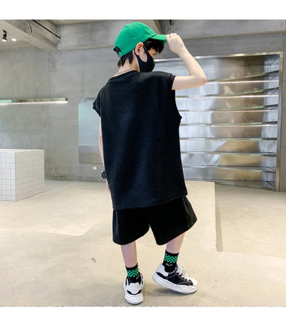 Summer Boys Waffle Alphabet Sleeveless t-Shirt Tops+Short Pants Set School Kids Tracksuit Child 2PCS Outfit Jogger Suit 5-16 Yrs