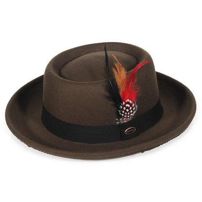 Autumn Winter Pork Pie Fedora Hat for Women Men Soft Felt Curved Brim Porkpie Hats with Hatband Feather