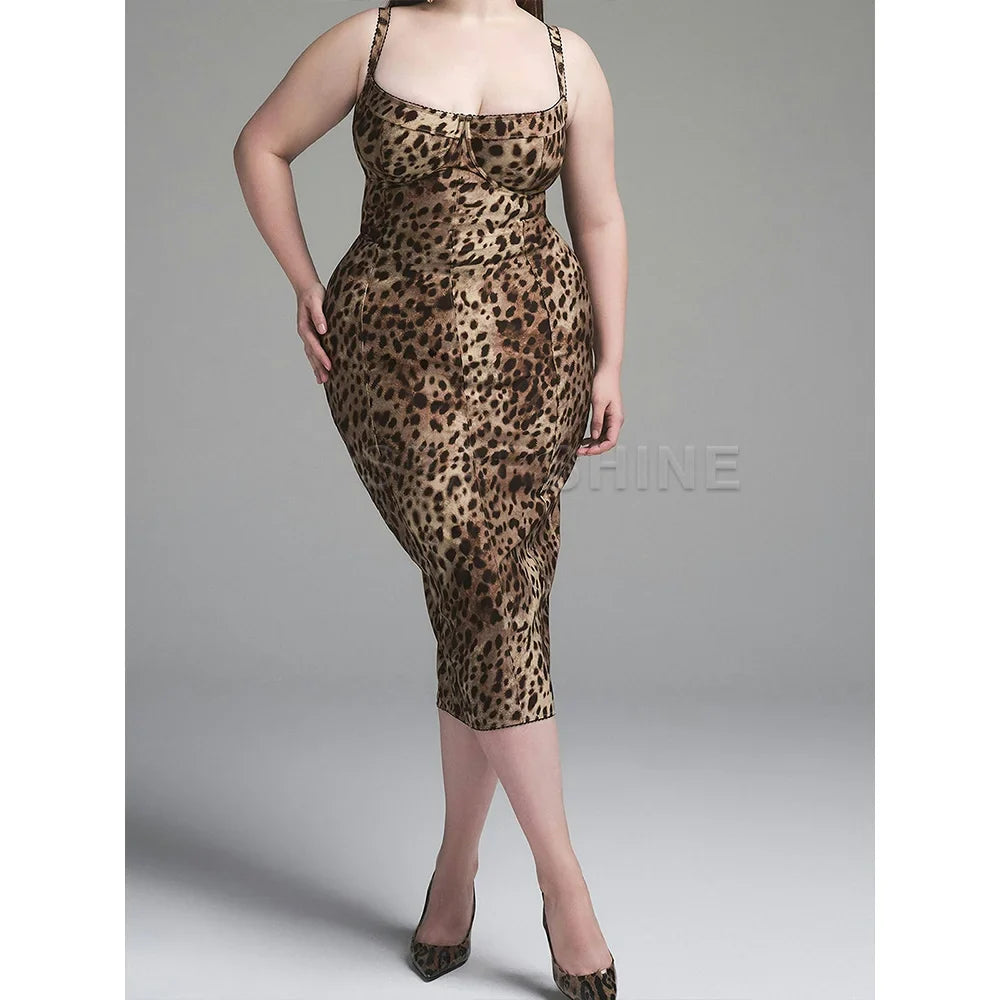 Sexy Leopard Print Dress Women's Sleeveless Fitted Stretch Bodycon Mid-Calf Dress Clubwear Evening Party Dresses