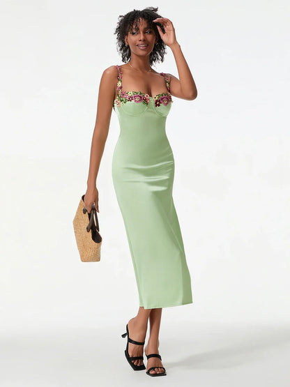 Satin Sling Bodycon Long Dress Women Flower Embroidery Sleeveless Spaghetti Strap Cocktail Dress Summer Party Club Skinny Dress