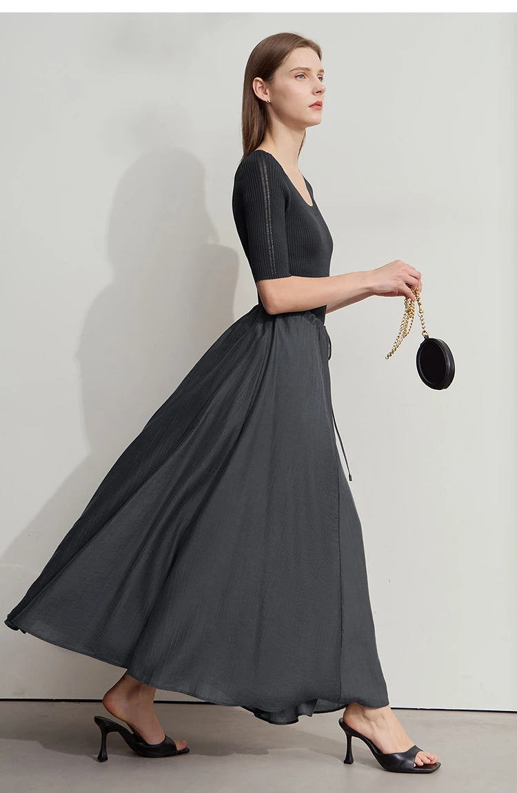 Minimalist New Summer Knee Length A-line Skirt Women Adjustable Drawstring Solid Color Commuting Style Loose Skirt 12522025