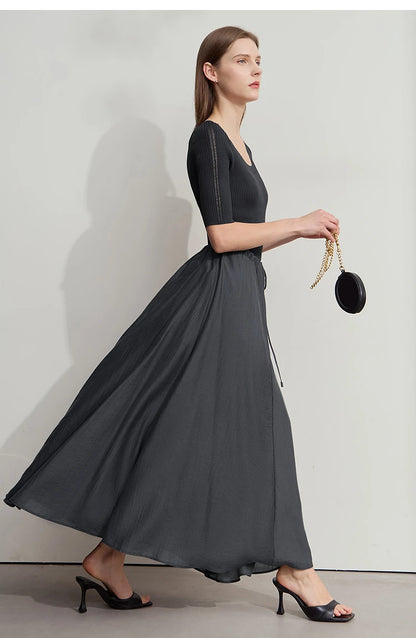 Minimalist New Summer Knee Length A-line Skirt Women Adjustable Drawstring Solid Color Commuting Style Loose Skirt 12522025