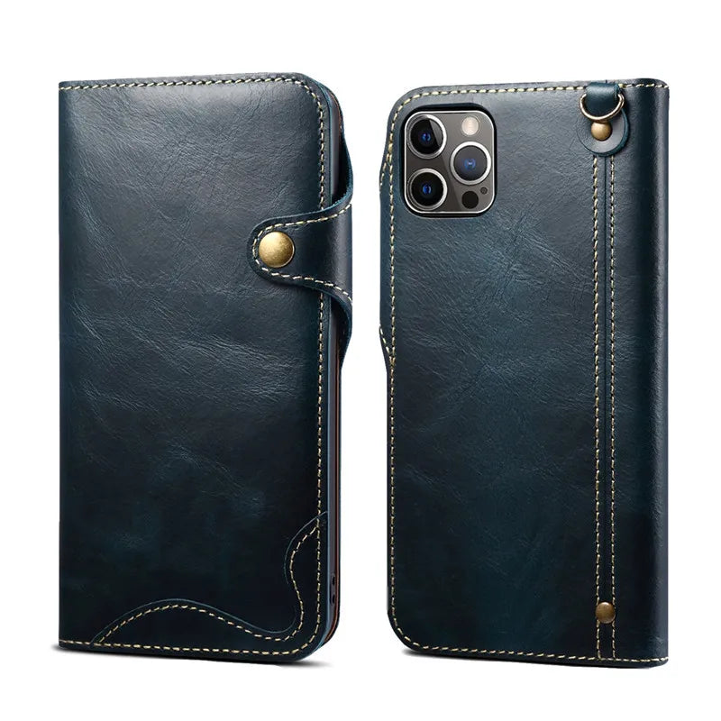 Genuine Leather Wallet Phone Case for iPhone 14 15 Plus 12 13 Pro Max 11 XS XR 6S 7 8 SE Holder Cover With Hand Strap