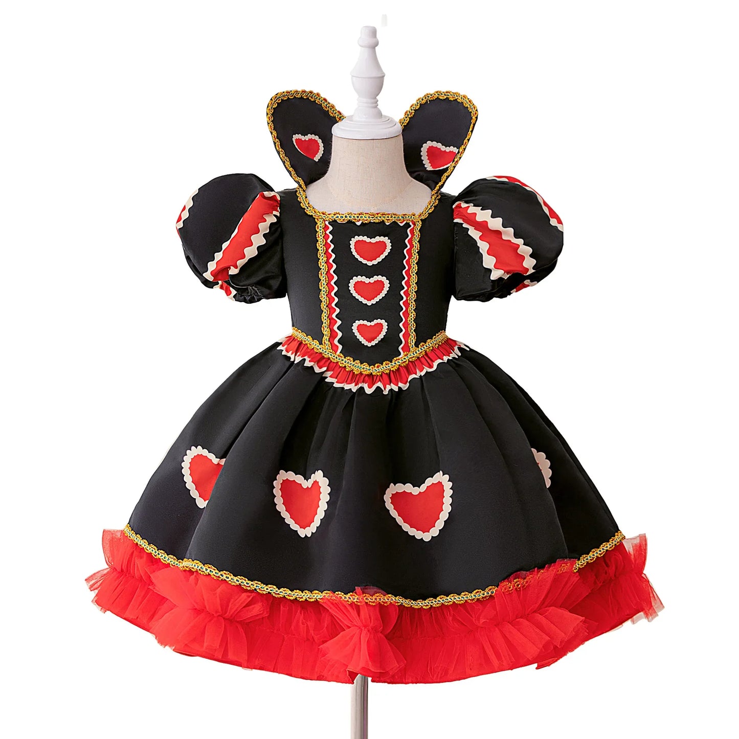 Halloween Red Queen Costume Girls Queen of Hearts Costume with Heart Details Stand Collar Red Black White Carnival Dress