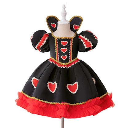 Halloween Red Queen Costume Girls Queen of Hearts Costume with Heart Details Stand Collar Red Black White Carnival Dress