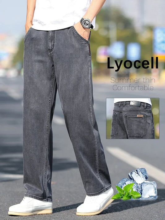 Loose Wide-leg Men's Thin Jeans Lyocell Soft Drape Fabric Comfort Trousers Spring Summer Fashion Brand Washing Denim Pants