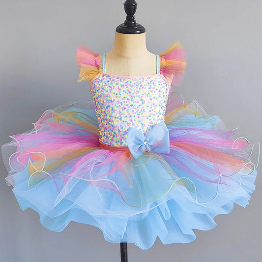 Kids Girls Ballet Dress Rainbow Color Dance Tutu Gymnastics Leotard Ballerina Dancewear Children Modern Performing Costume