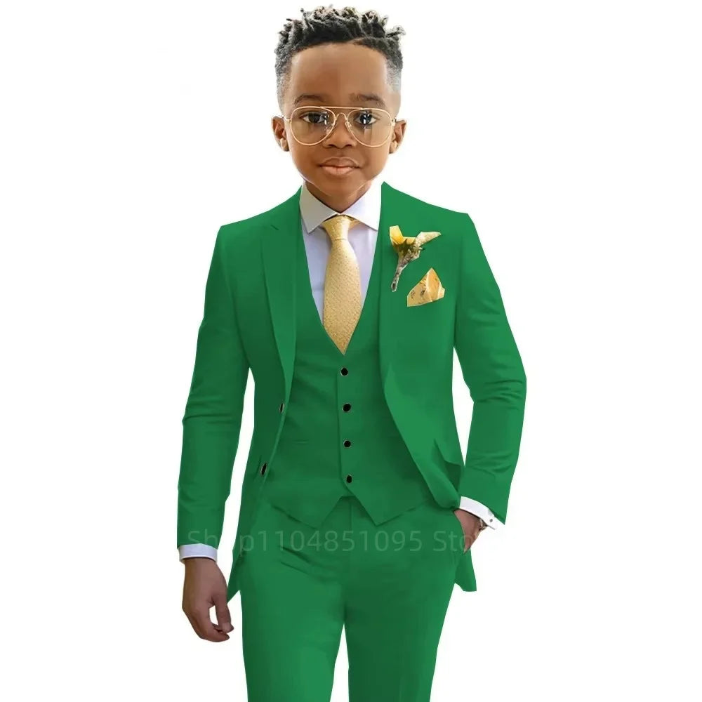 Stylish Boys Suit Wedding Tuxedo Solid Peak Lapel Jacket Vest Pants Party Prom 3 Piece Set Kids Formal Outfit 2-18 Years Old