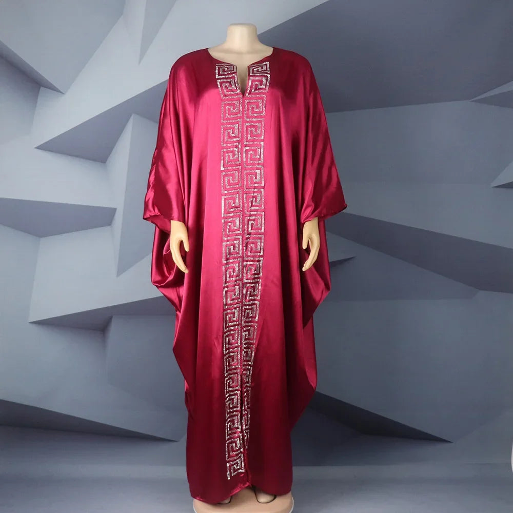 Fashion African Woman Large Size Bat Sleeve Dress Muslim Islamic Style Robe Imitation Silk Hot Fix Rhinestone
