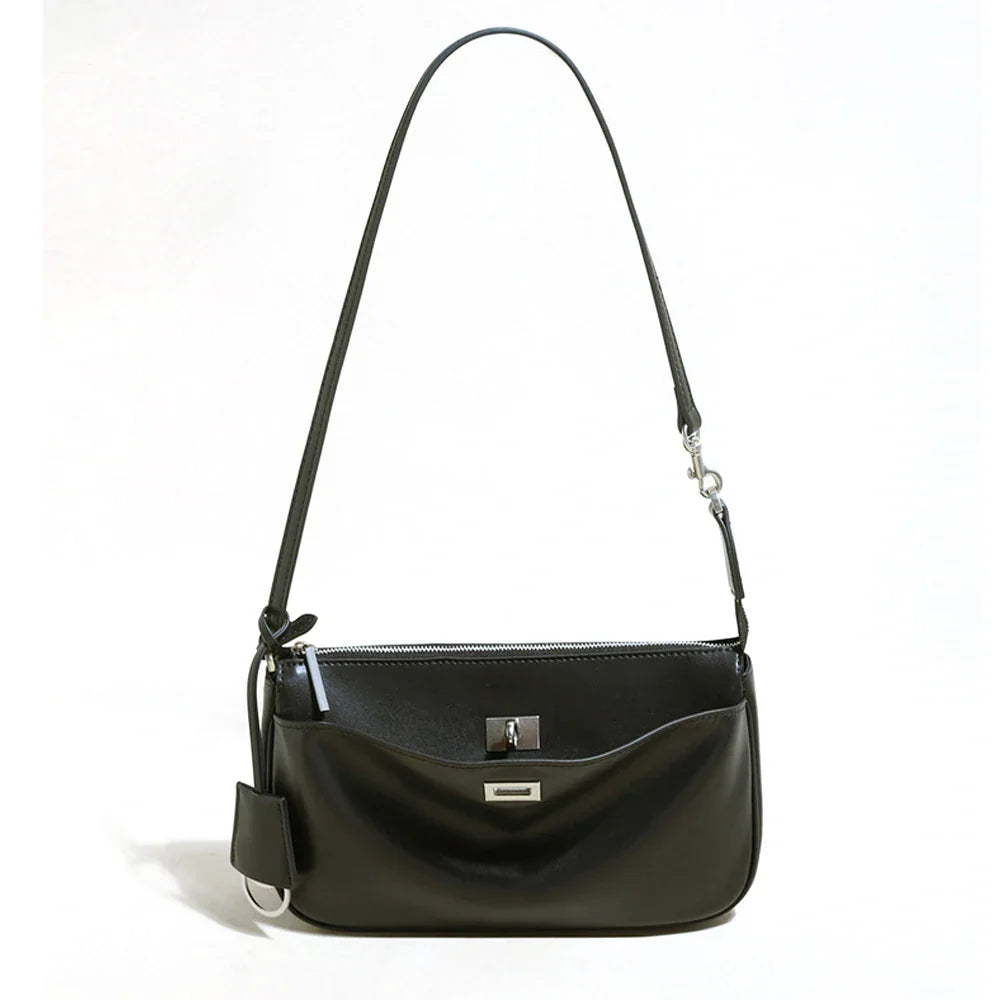 2026 Spring New Luxury Brand Women Shoulder Bags Split Leather Black Handbags Women Fashion Gold Buckle Underarm Bags