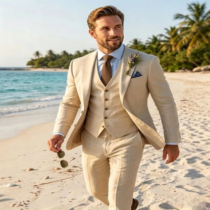 Beige Linen Wedding Suit 3 Piece Set Beach Groom Lightweight Summer Mens Suits Casual Outdoor Fashion Breathable Trousers Vest